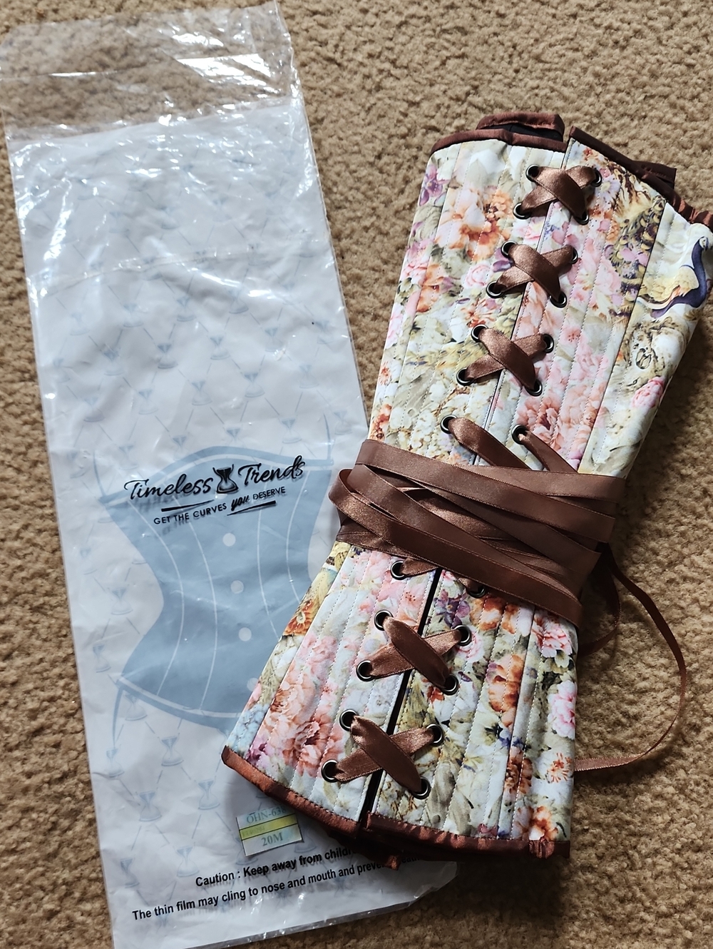 Timeless Trends Floral Overbust Corset 20M Steel Boned Brown Ribbon Lace NWT